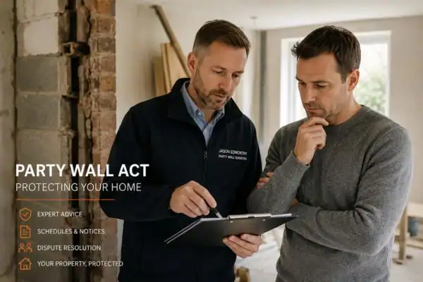 Party wall surveyor Haywards Heath discussing extension plans with homeowner outside a UK semi-detached house.